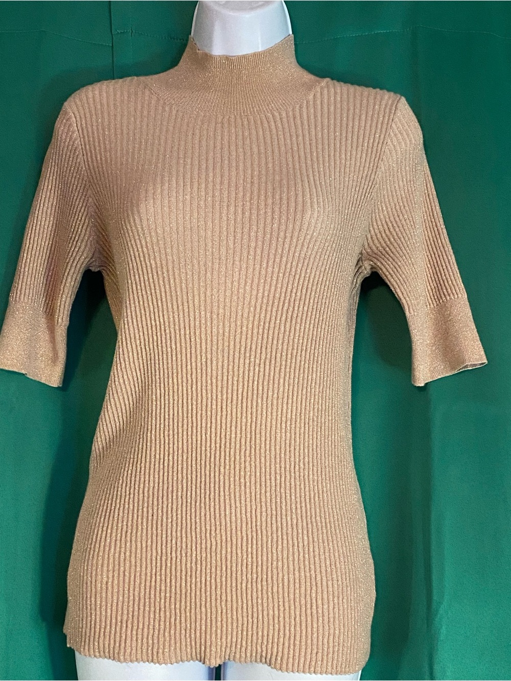Worthington Shimmery Ribbed Mock Neck Top-Rose Tan
